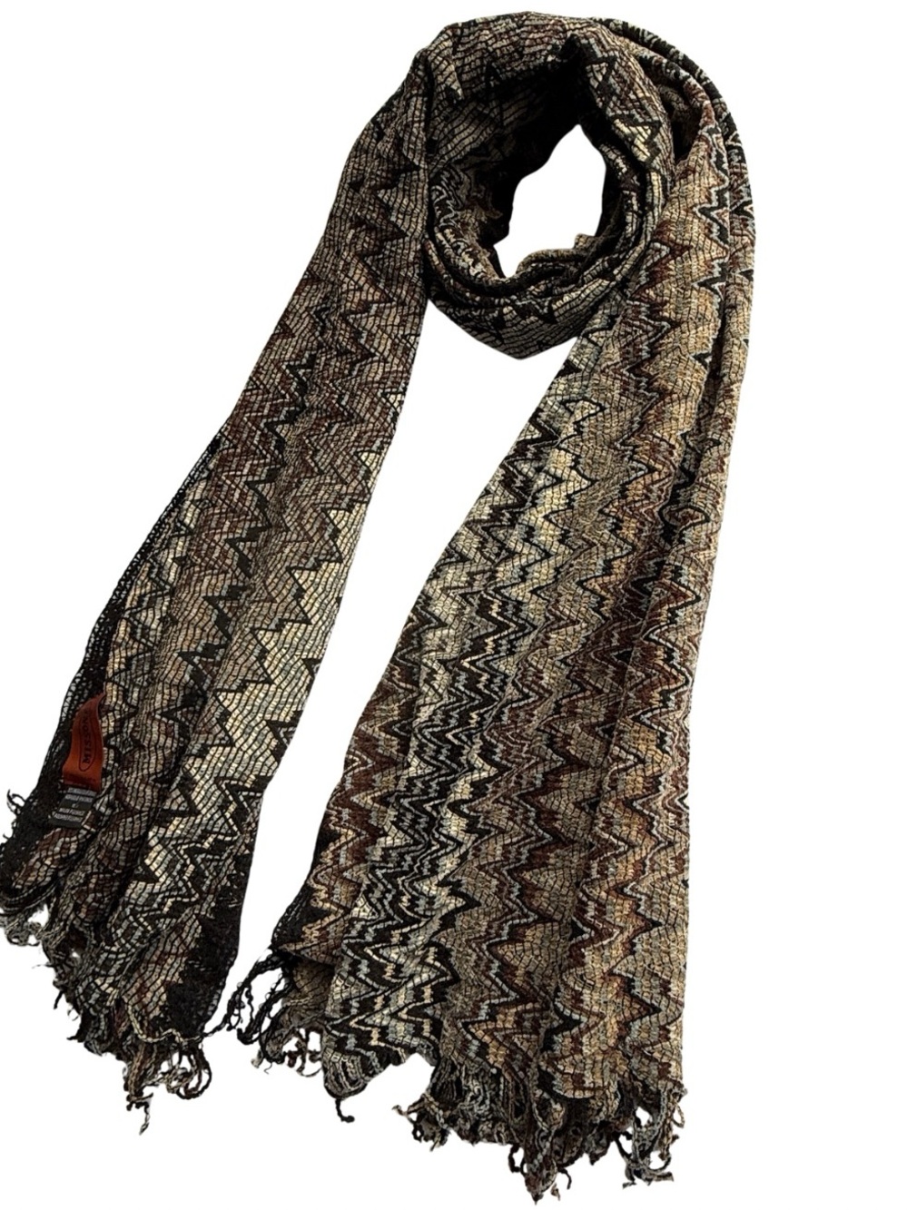 Missoni Italy Knit Chevron Scarf - Brown, Black & Light Blue Zig Zag- 67”